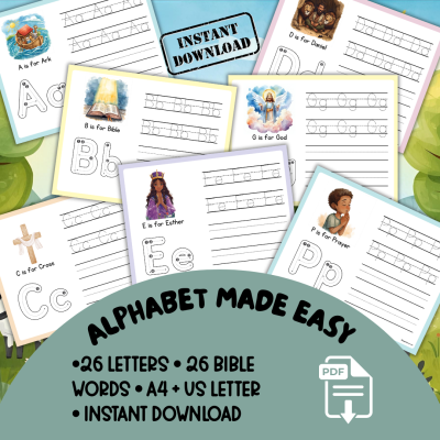 Bible Alphabet Tracing Workbook — A–Z Bible Characters & Words | Printable (A4 & US Letter)
